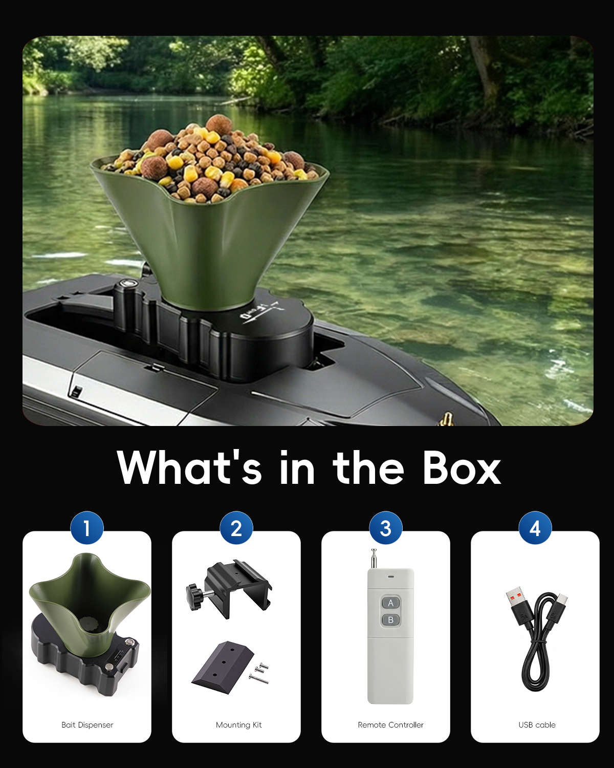 Fish Finder Cable - 360° Rotating Bait Dispenser & Bait